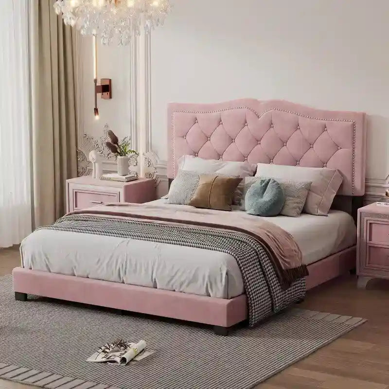 Queen Size Upholstered Bed Frame with Rivet Design, Velvet Platform Bed with Tufted Headboard