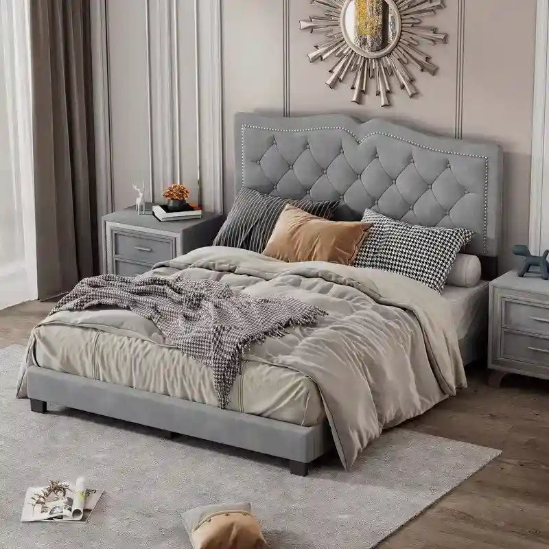 Queen Size Upholstered Bed Frame with Rivet Design, Velvet Platform Bed with Tufted Headboard