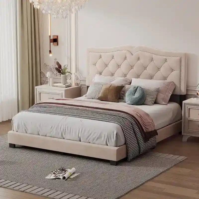 Queen Size Upholstered Bed Frame with Rivet Design, Velvet Platform Bed with Tufted Headboard