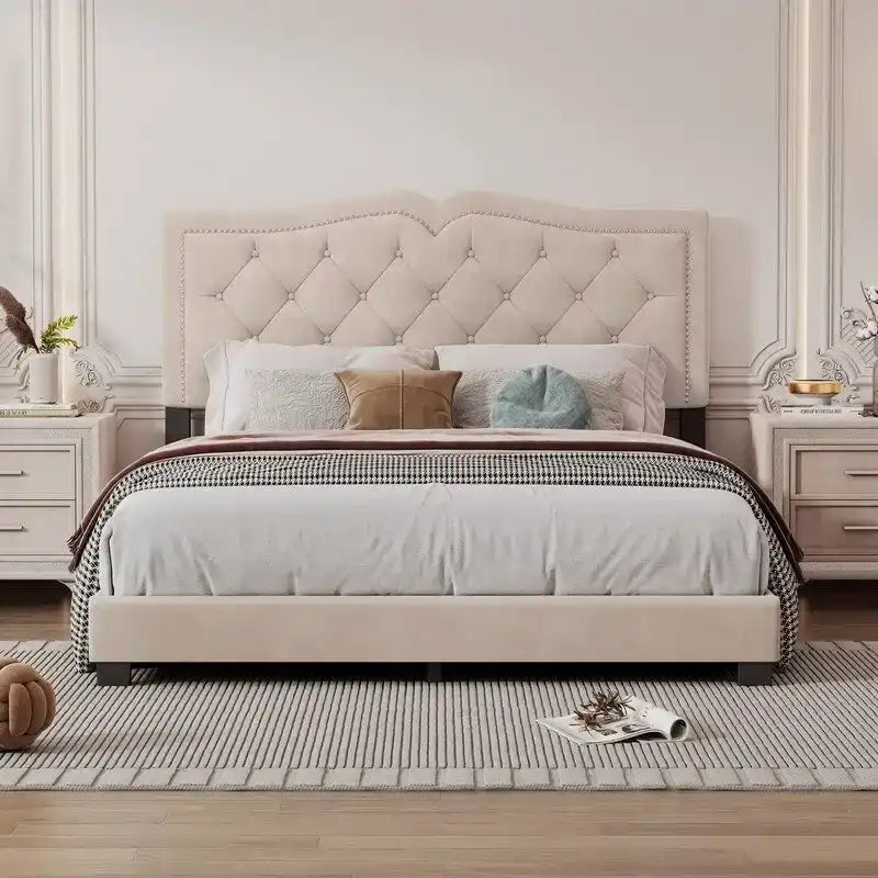 Queen Size Upholstered Bed Frame with Rivet Design, Velvet Platform Bed with Tufted Headboard