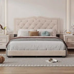Queen Size Upholstered Bed Frame with Rivet Design, Velvet Platform Bed with Tufted Headboard