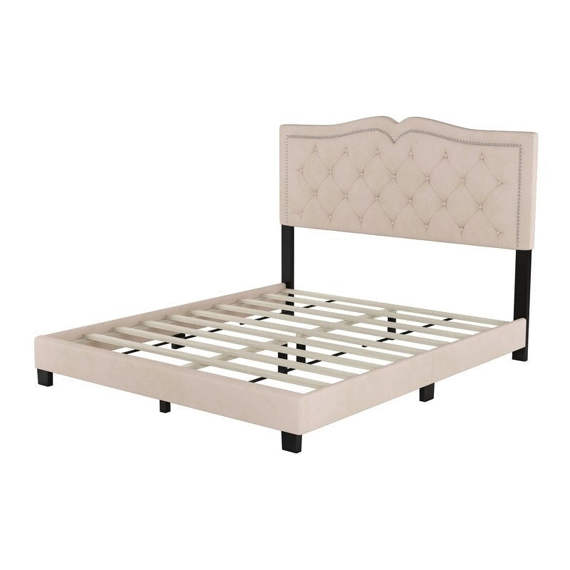 Queen Size Upholstered Bed Frame with Rivet Design, Velvet Platform Bed with Tufted Headboard