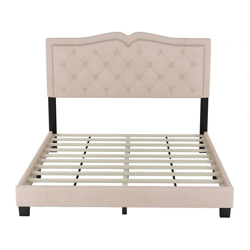 Queen Size Upholstered Bed Frame with Rivet Design, Velvet Platform Bed with Tufted Headboard