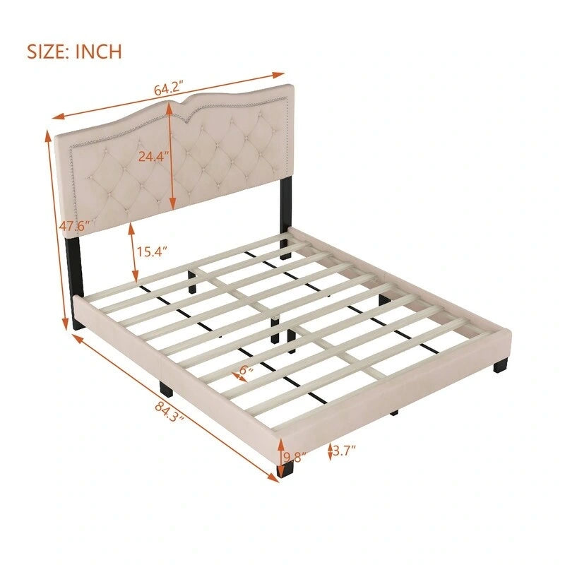Queen Size Upholstered Bed Frame with Rivet Design, Velvet Platform Bed with Tufted Headboard