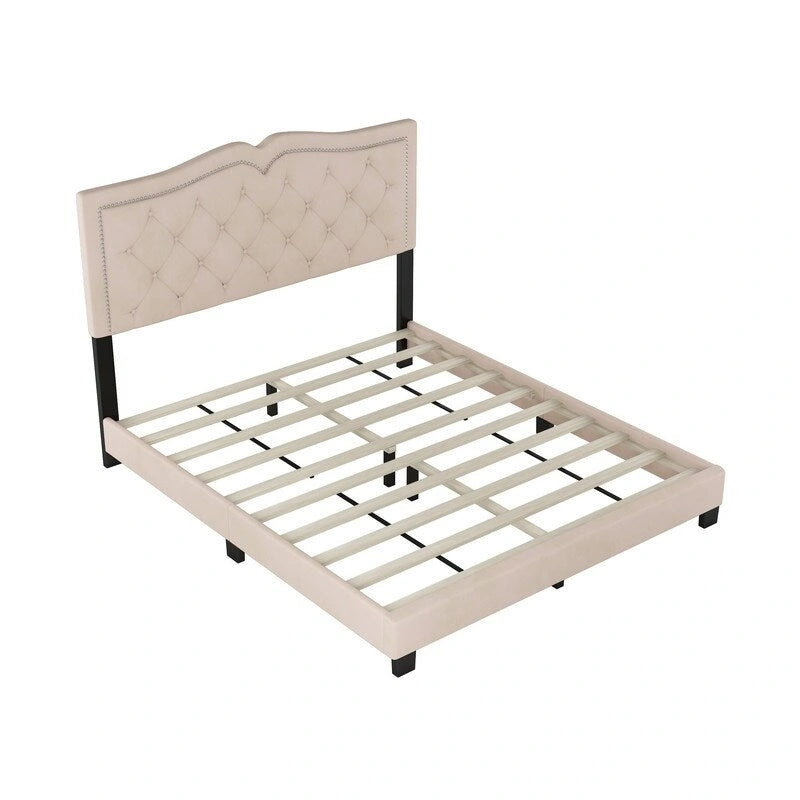 Queen Size Upholstered Bed Frame with Rivet Design, Velvet Platform Bed with Tufted Headboard