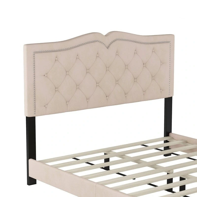 Queen Size Upholstered Bed Frame with Rivet Design, Velvet Platform Bed with Tufted Headboard