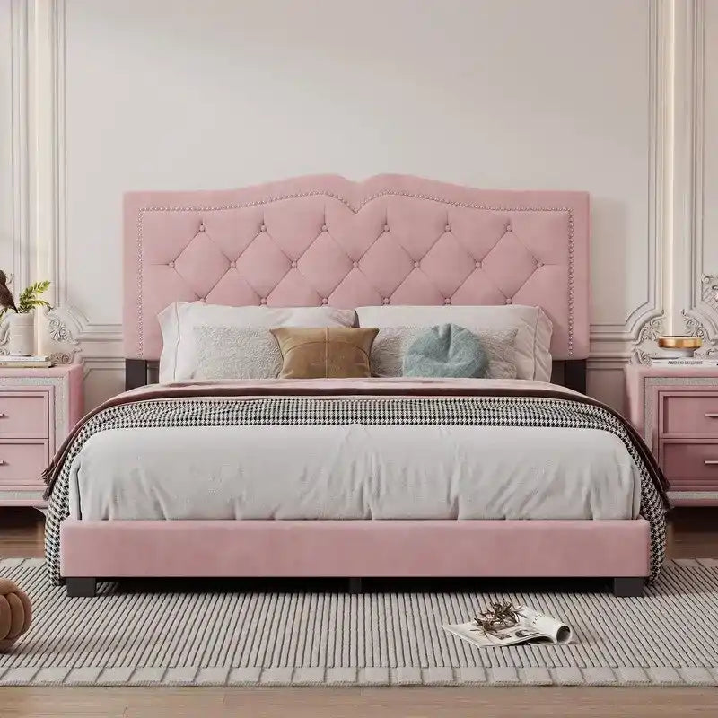 Queen Size Upholstered Bed Frame with Rivet Design, Velvet Platform Bed with Tufted Headboard