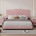 Queen Size Upholstered Bed Frame with Rivet Design, Velvet Platform Bed with Tufted Headboard