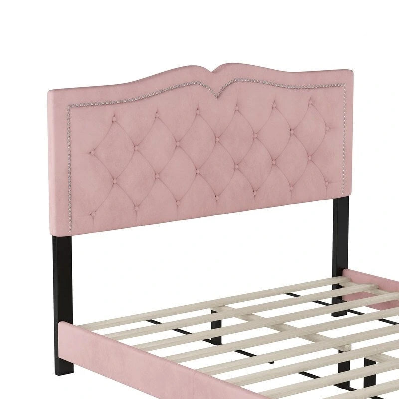 Queen Size Upholstered Bed Frame with Rivet Design, Velvet Platform Bed with Tufted Headboard