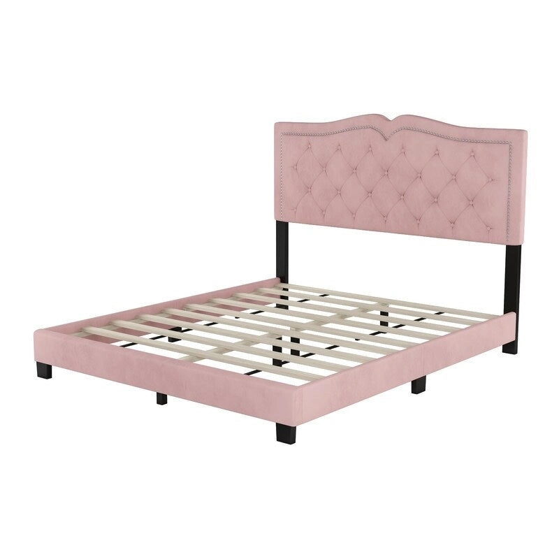 Queen Size Upholstered Bed Frame with Rivet Design, Velvet Platform Bed with Tufted Headboard