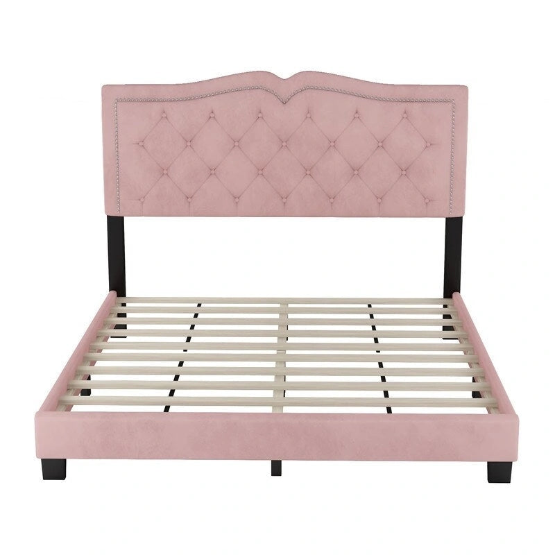 Queen Size Upholstered Bed Frame with Rivet Design, Velvet Platform Bed with Tufted Headboard