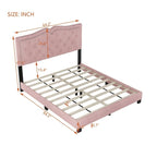 Queen Size Upholstered Bed Frame with Rivet Design, Velvet Platform Bed with Tufted Headboard