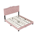 Queen Size Upholstered Bed Frame with Rivet Design, Velvet Platform Bed with Tufted Headboard