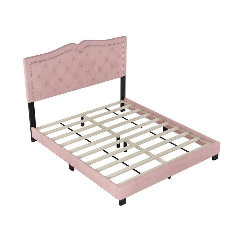 Queen Size Upholstered Bed Frame with Rivet Design, Velvet Platform Bed with Tufted Headboard