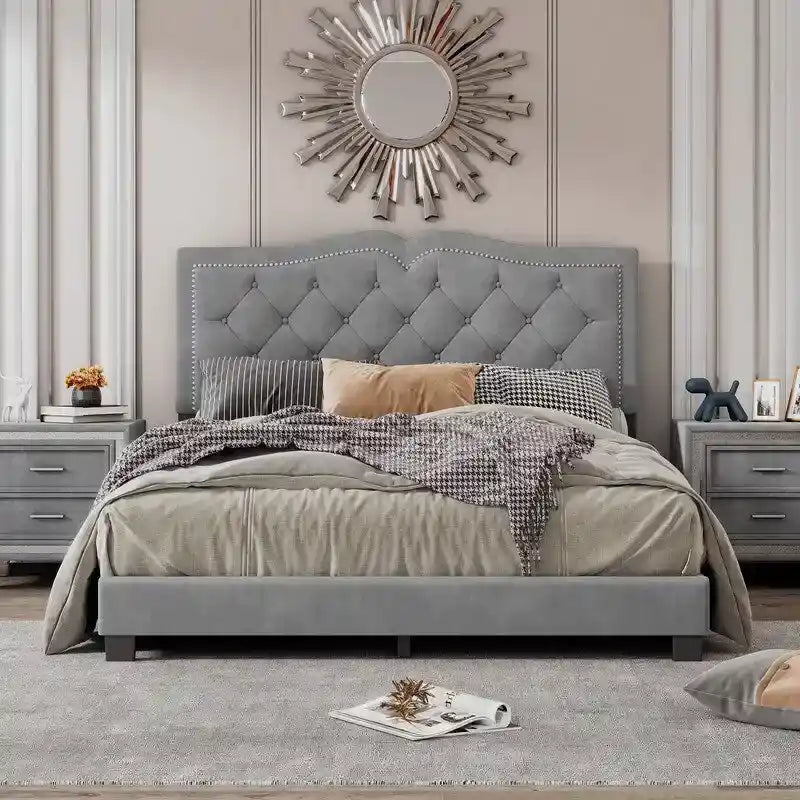 Queen Size Upholstered Bed Frame with Rivet Design, Velvet Platform Bed with Tufted Headboard