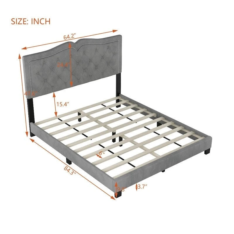 Queen Size Upholstered Bed Frame with Rivet Design, Velvet Platform Bed with Tufted Headboard