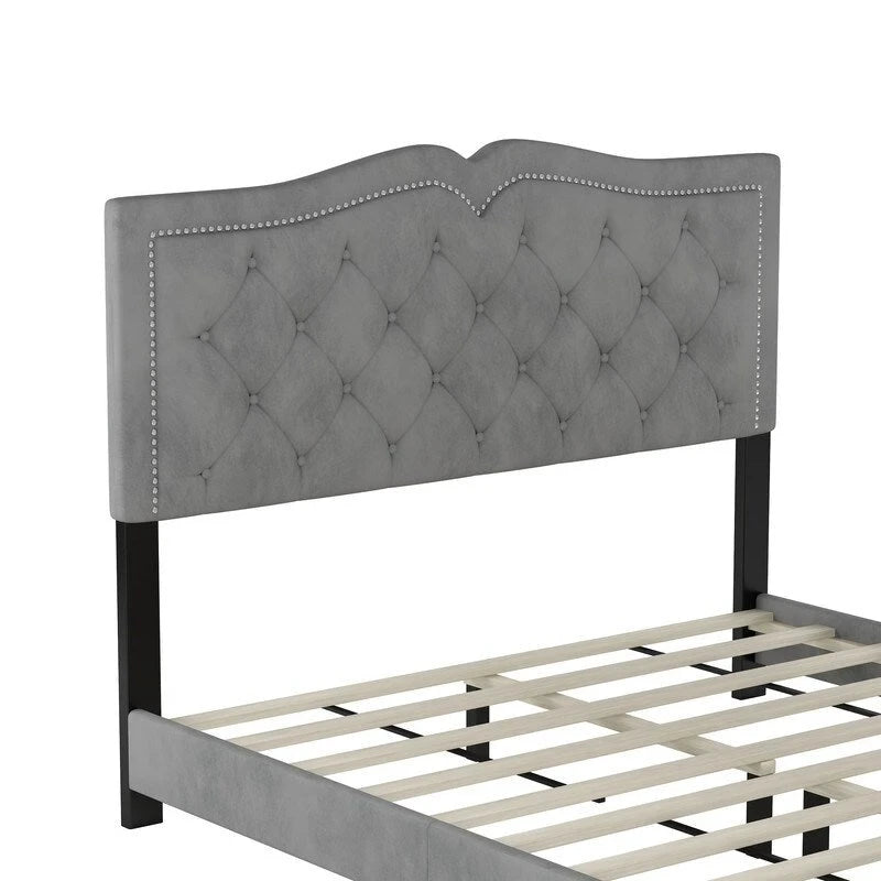 Queen Size Upholstered Bed Frame with Rivet Design, Velvet Platform Bed with Tufted Headboard
