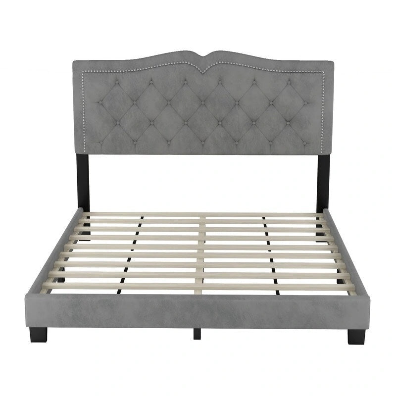 Queen Size Upholstered Bed Frame with Rivet Design, Velvet Platform Bed with Tufted Headboard
