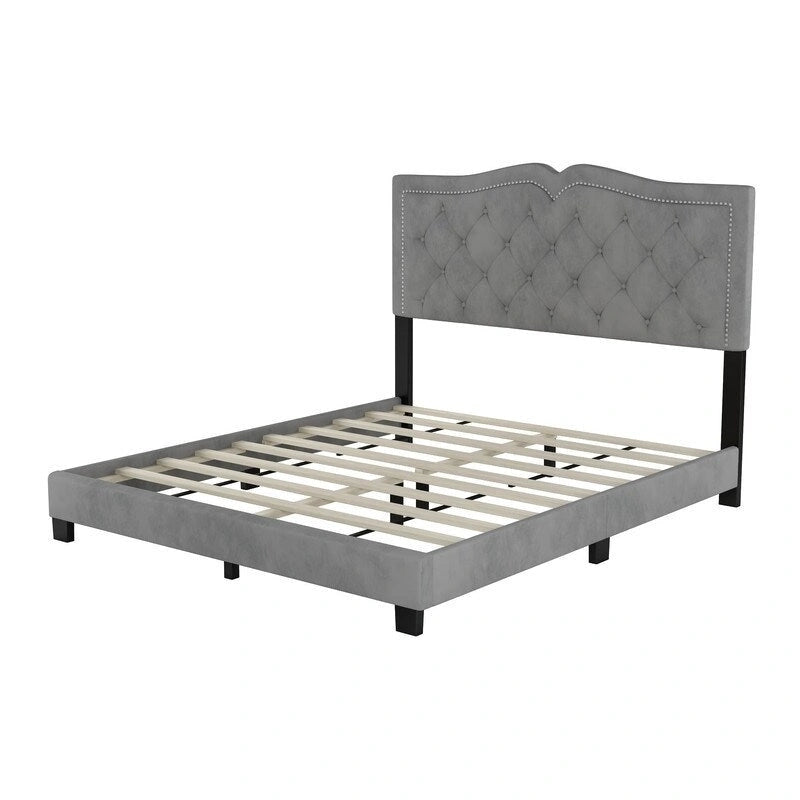 Queen Size Upholstered Bed Frame with Rivet Design, Velvet Platform Bed with Tufted Headboard