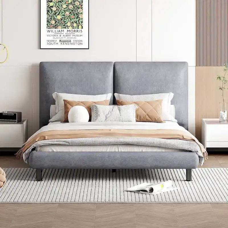 Queen Size Upholstered Platform Bed with Two Large Headrests