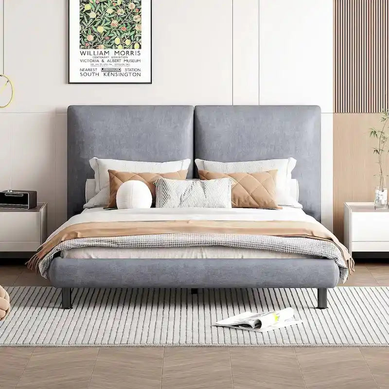 Queen Size Upholstered Platform Bed with Two Large Headrests