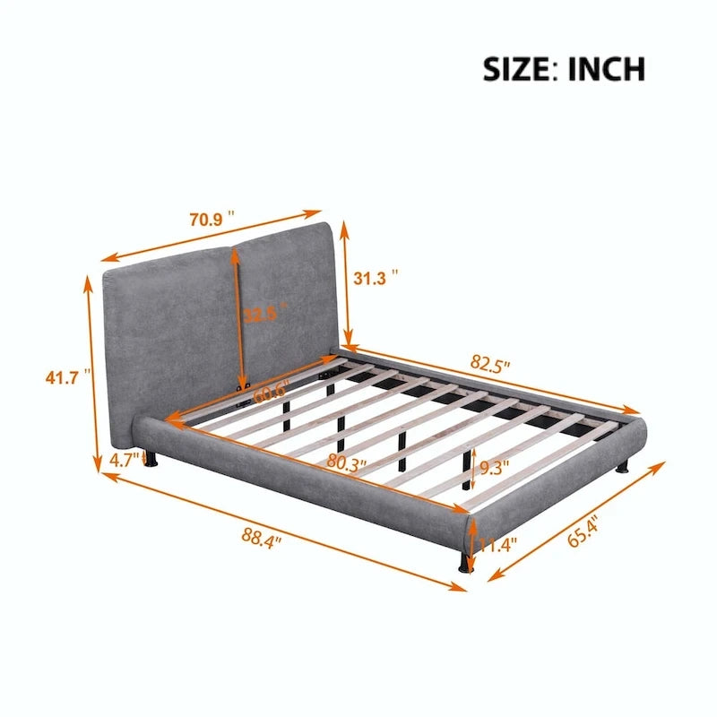 Queen Size Upholstered Platform Bed with Two Large Headrests