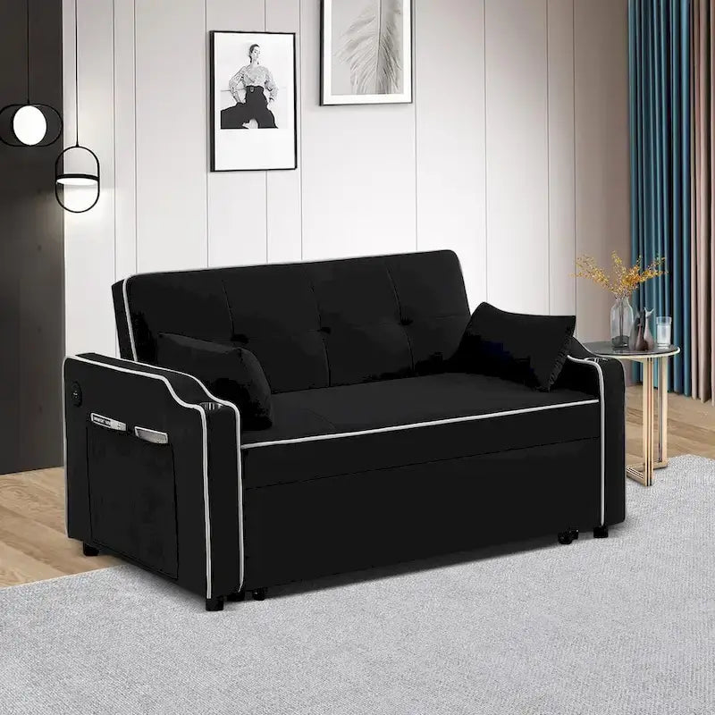 3 in 1 Convertible Sleeper Sofa Bed, Modern Velvet Loveseat with Pull-Out Bed