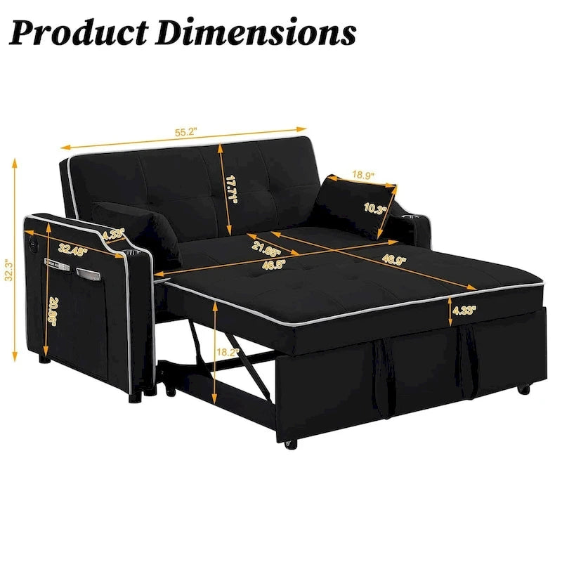 3 in 1 Convertible Sleeper Sofa Bed, Modern Velvet Loveseat with Pull-Out Bed