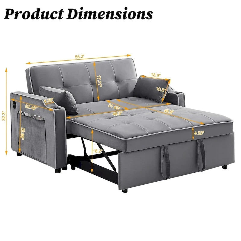 3-in-1 slaapbank, moderne fluwelen loveseat met uitschuifbaar bed