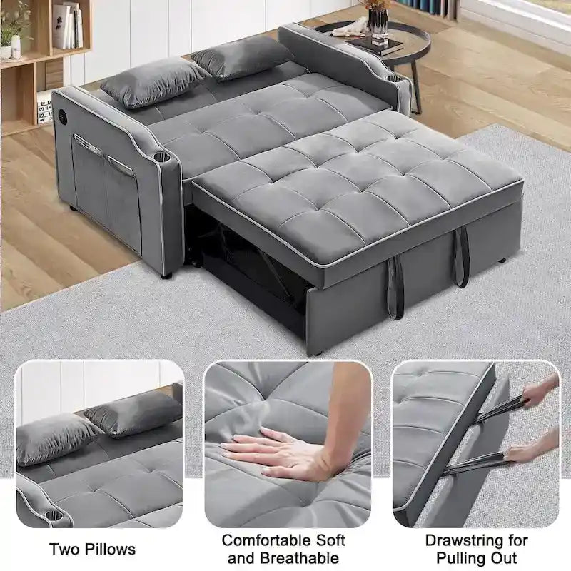 3-in-1 slaapbank, moderne fluwelen loveseat met uitschuifbaar bed
