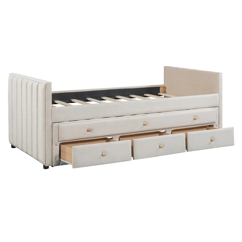Upholstered Daybed with Twin Size Trundle and Drawers