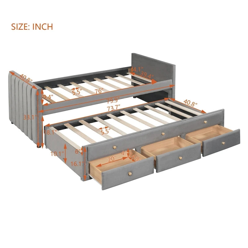 Upholstered Daybed with Twin Size Trundle and Drawers