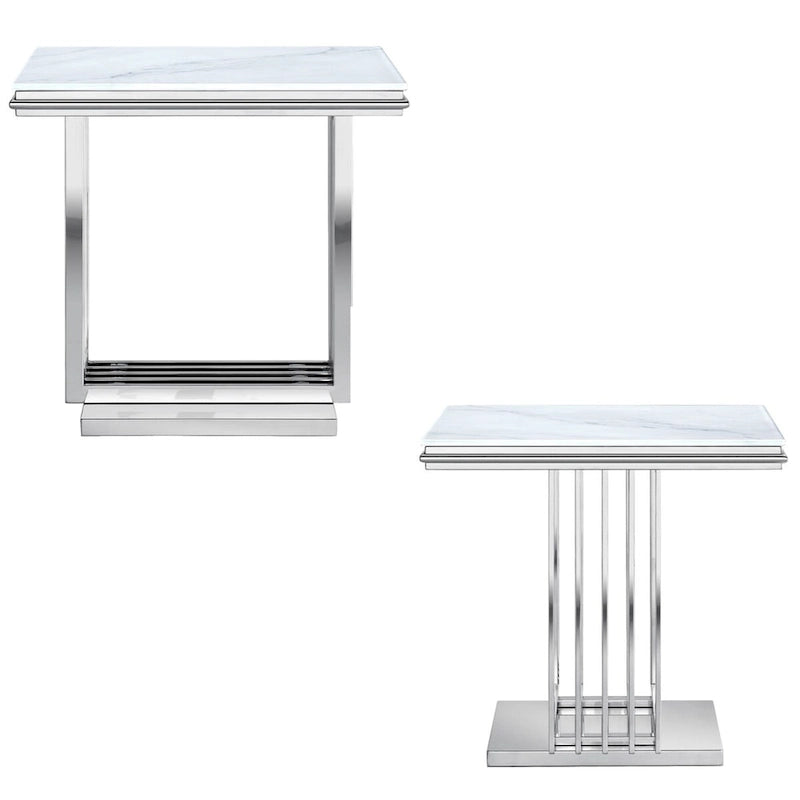 Silver and Glass End Table with 24-Inch Square Top and Stainless Steel Base