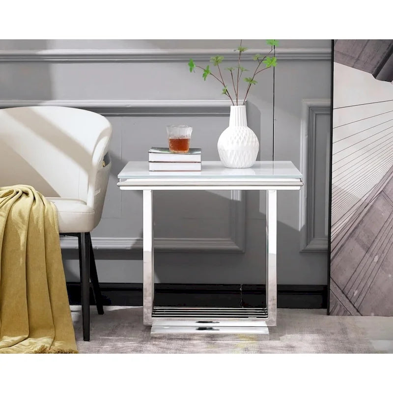 Silver and Glass End Table with 24-Inch Square Top and Stainless Steel Base