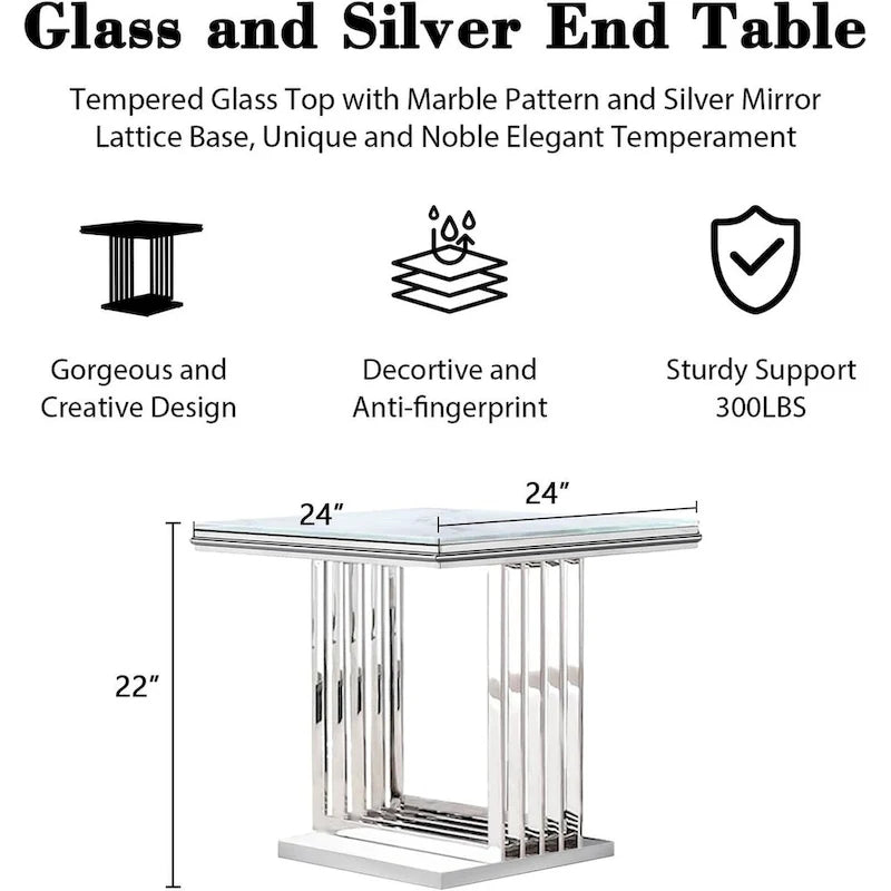 Silver and Glass End Table with 24-Inch Square Top and Stainless Steel Base