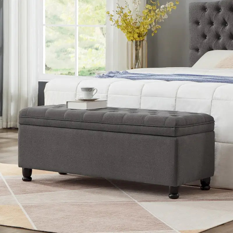 Tufted Button Storage Ottoman Bench with Spindle Legs - Dark Gray