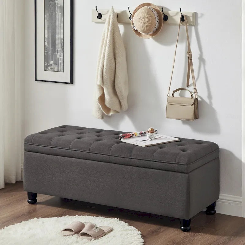 Banc ottoman de rangement capitonné avec boutons et pieds tournés - gris foncé
