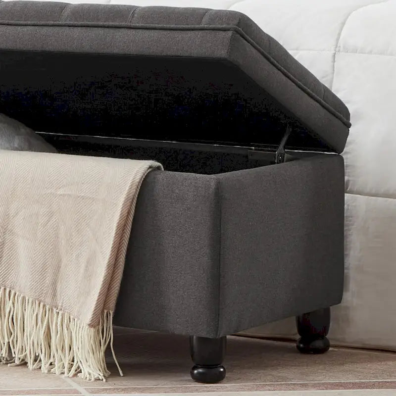 Banc ottoman de rangement capitonné avec boutons et pieds tournés - gris foncé