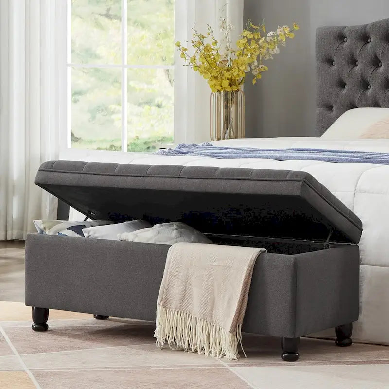 Banc ottoman de rangement capitonné avec boutons et pieds tournés - gris foncé