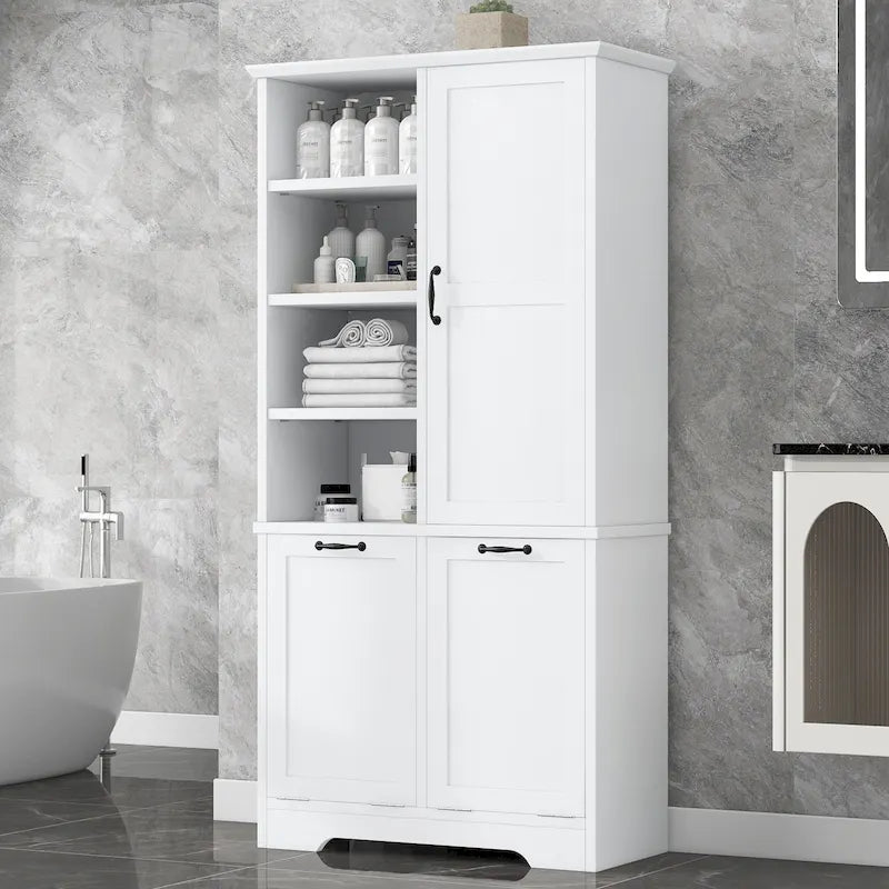 Badezimmerschrank mit Türen, offenen Regalfächern und ausklappbarem Wäschekorb