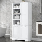 Badezimmerschrank mit Türen, offenen Regalfächern und ausklappbarem Wäschekorb
