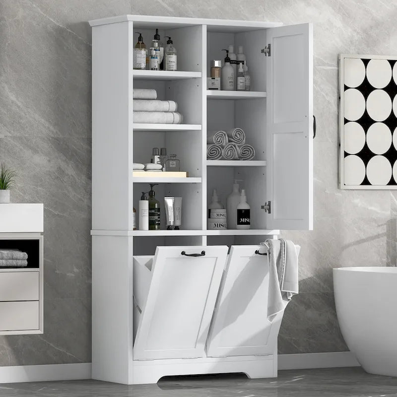 Badezimmerschrank mit Türen, offenen Regalfächern und ausklappbarem Wäschekorb