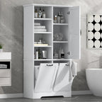 Badezimmerschrank mit Türen, offenen Regalfächern und ausklappbarem Wäschekorb