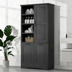 Badezimmerschrank mit Türen, offenen Regalfächern und ausklappbarem Wäschekorb