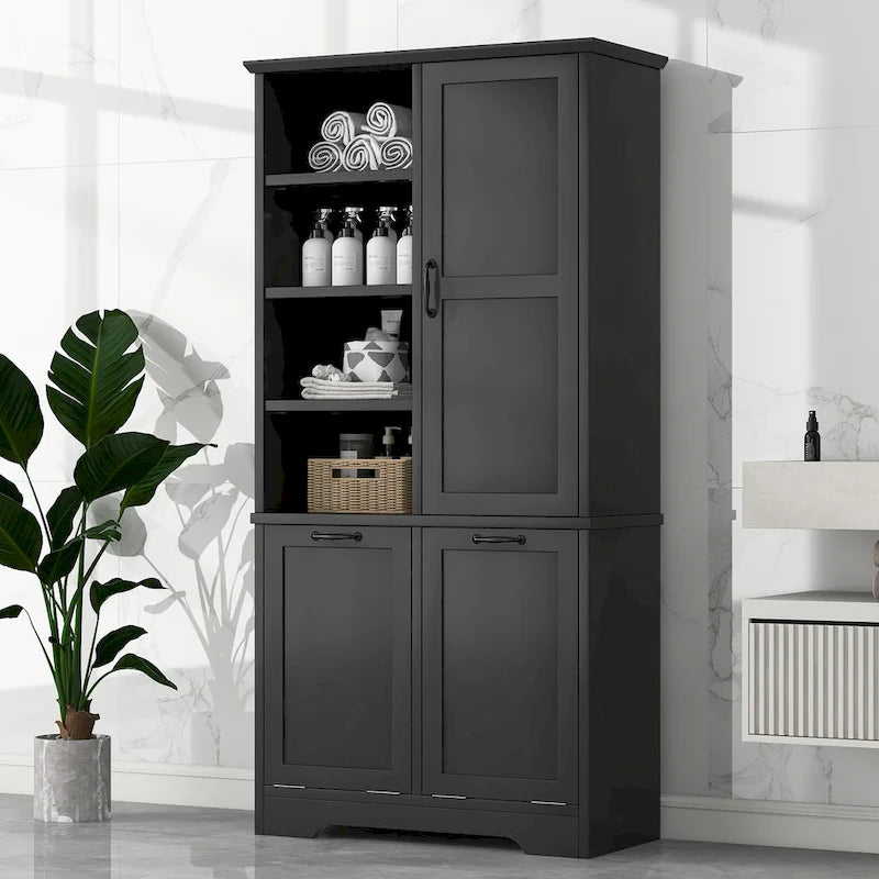 Bathroom Storage Cabinet with Doors, Open Shelves & Tilt-Out Laundry Hamper