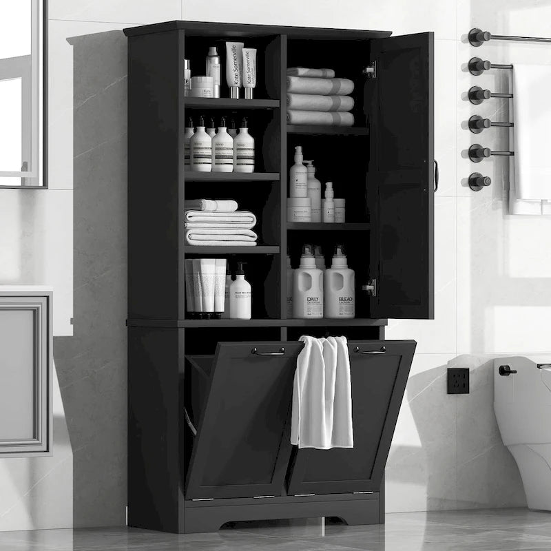 Bathroom Storage Cabinet with Doors, Open Shelves & Tilt-Out Laundry Hamper