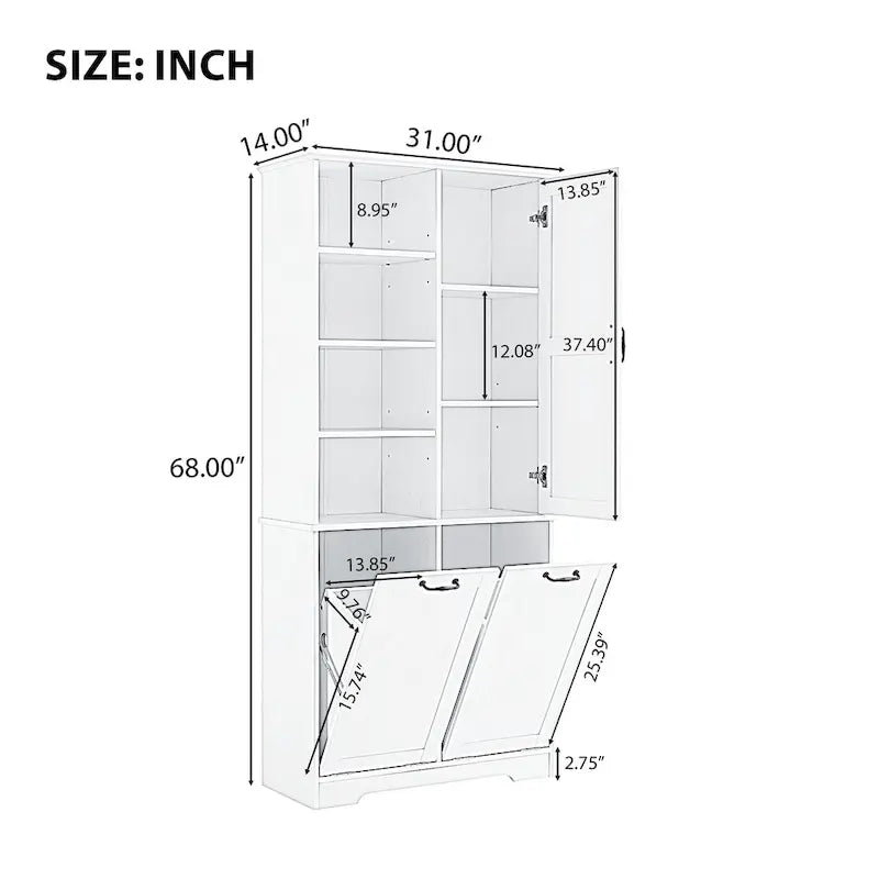 Bathroom Storage Cabinet with Doors, Open Shelves & Tilt-Out Laundry Hamper