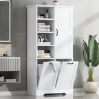 Badezimmerschrank mit Türen, offenen Regalfächern und ausklappbarem Wäschekorb