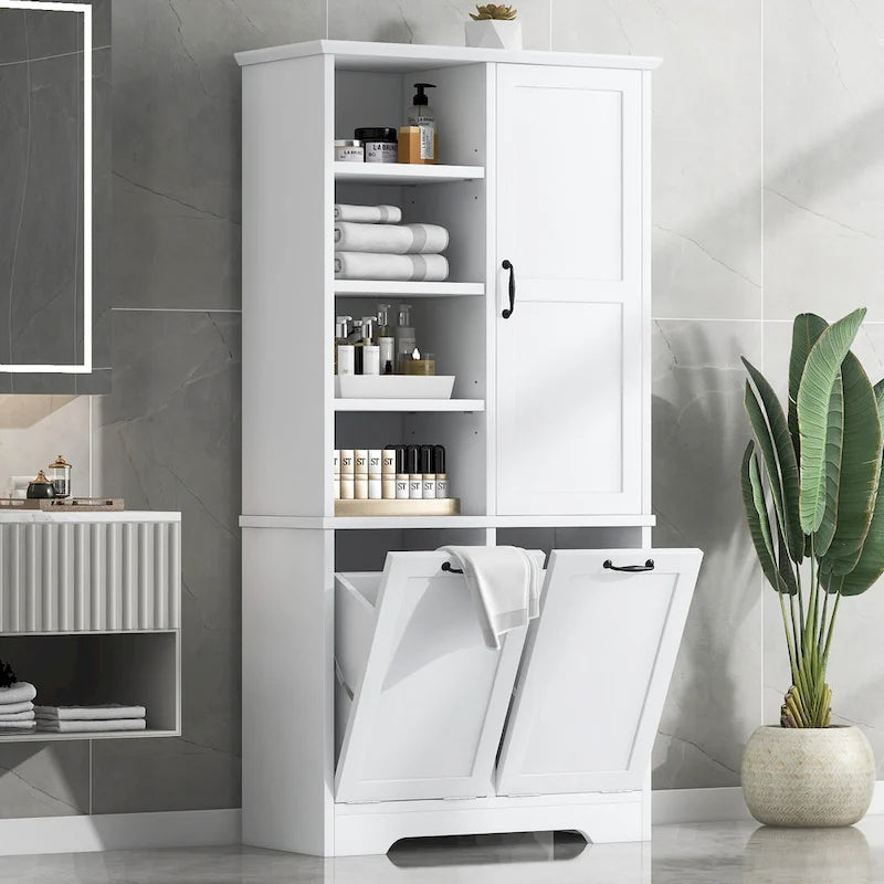 Badezimmerschrank mit Türen, offenen Regalfächern und ausklappbarem Wäschekorb
