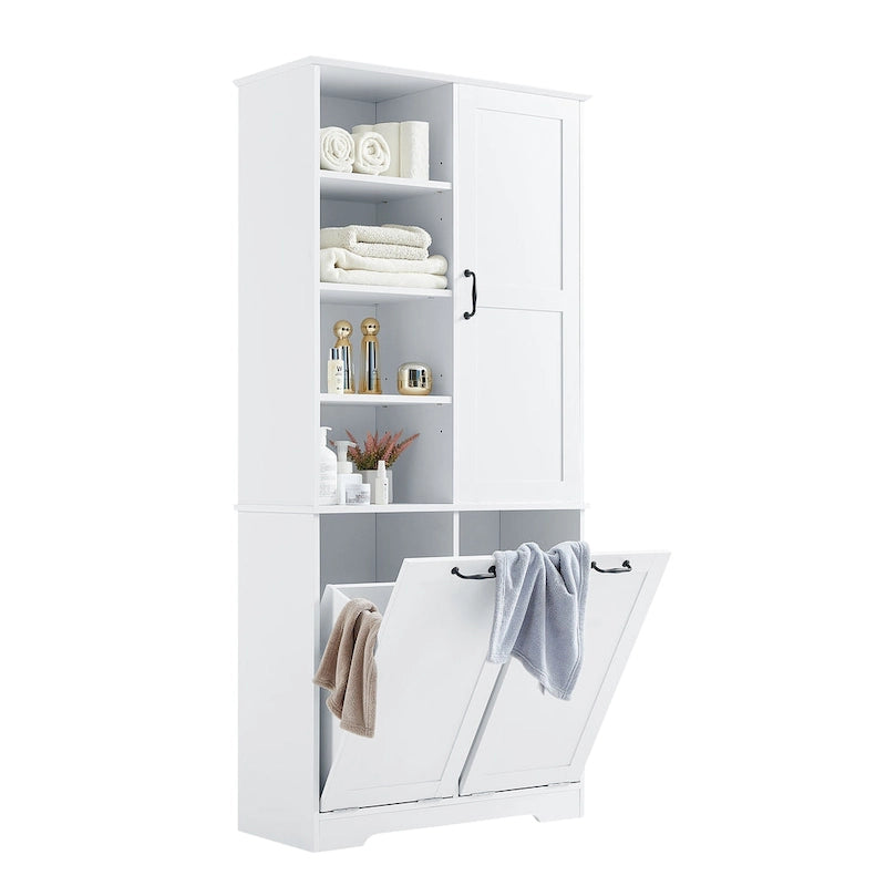 Badezimmerschrank mit Türen, offenen Regalfächern und ausklappbarem Wäschekorb